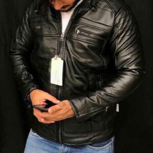 Men Black Solid Stand-Collar Leather Jacket